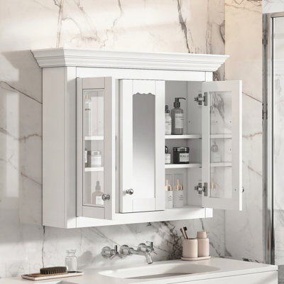 35" Bathroom Medicine Cabinet With Mirror, 5 Closed And Adjustable Shelves, Bathroom Wall Mounted Storage Cabinet With Glass Doors