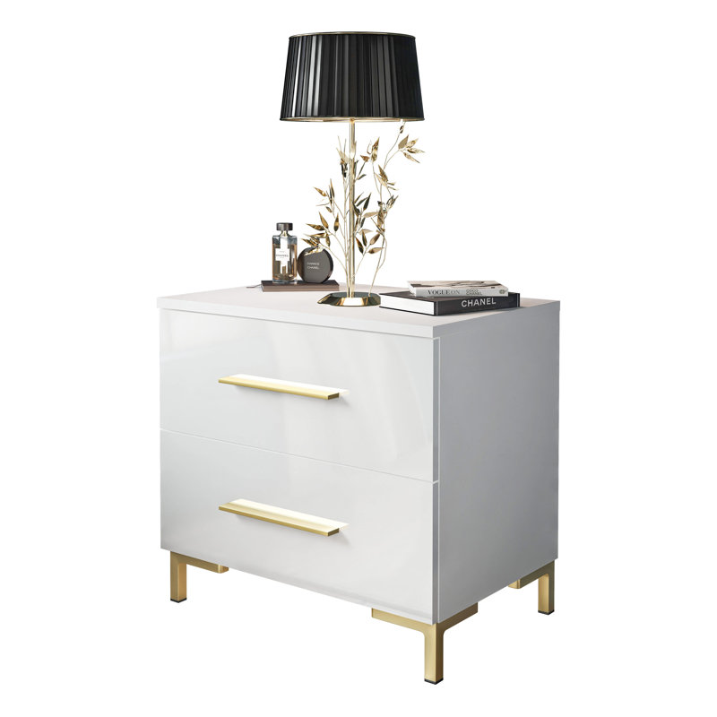 Varonique 2 Drawer Bedside Table, White, Golden