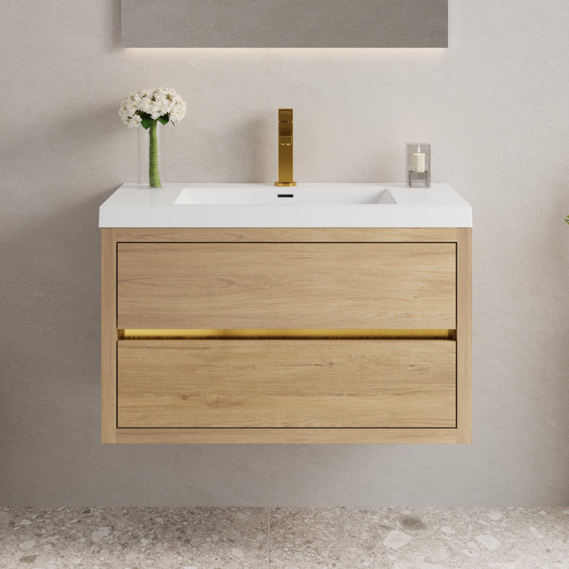 Meuble-lavabo mural 36 po avec lavabo en résine de pierre et tiroirs à fermeture en douceur, Chêne naturel