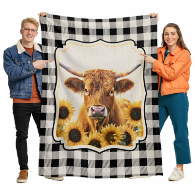 Throw Blanket for Couch, Vintage Farm Cow Sunflowers Soft Cozy Warm Flannel Blanket, Black White Buffalo Check Lightweight Fleece Throw Blankets for Sofa Bedroom Office All Season Use, 40 x 50 in
