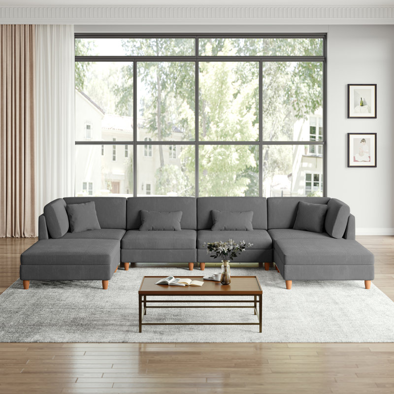 Seemab 6 - Piece Upholstered Gray Corduroy Modular Sectional with Pillow Back and Removable Ottoman, Gray