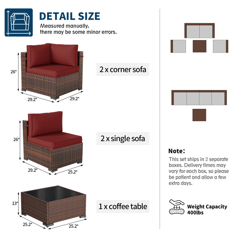 Ensemble de conversation modulaire en rotin 5 pièces avec coussins, Vin rouge