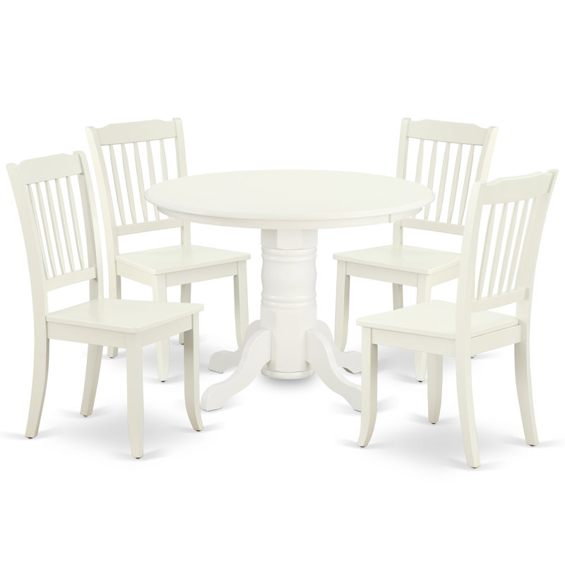 Ensemble de table de salle à manger 5 pièces comprenant une table de cuisine ronde avec piédestal et 4 chaises de salle à manger, lin blanc