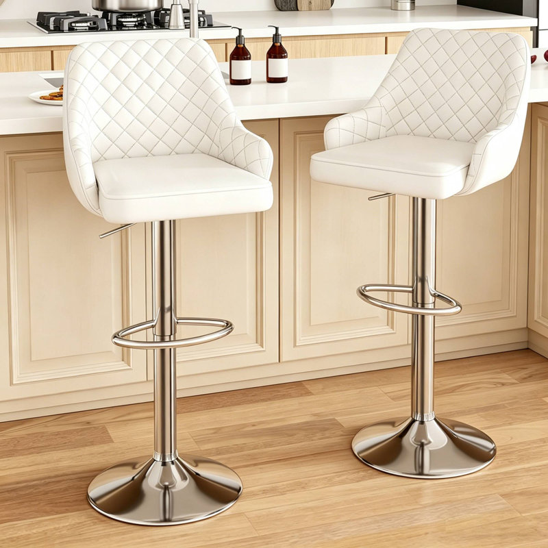 Aryelle Bar Stools Set of 2, Adjustable Counter Height Stools with Back and Arm, Modern Swivel Bar Chairs with Footrest, Upholstered PU Leather Kitchen Island Stools, White