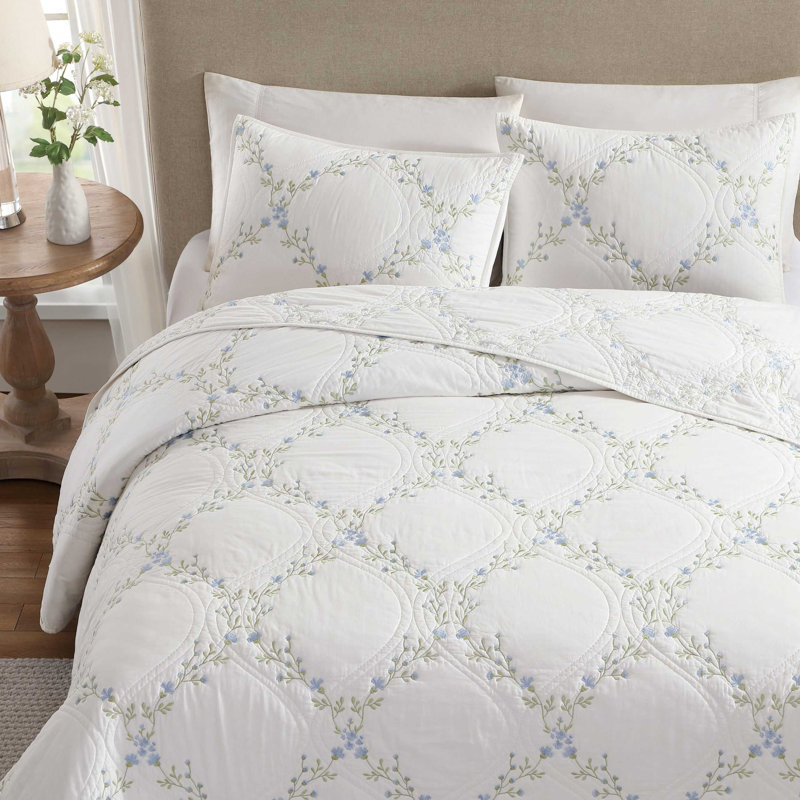 Laura Ashley Floral Embroidery Cotton Reversible Quilt Set, Blue Floral, Queen Quilt + 2 Standard Shams