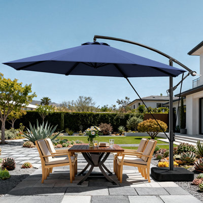 OLILAWN 10ft Solar LED Patio Umbrella with Base, 32 LED Lighted Outdoor Cantilever Offset Umbrella with Sturdy 8 Rids, Infinite Tilt, 360 Degree Rotation, for Pool Deck Porch Backyard Garden