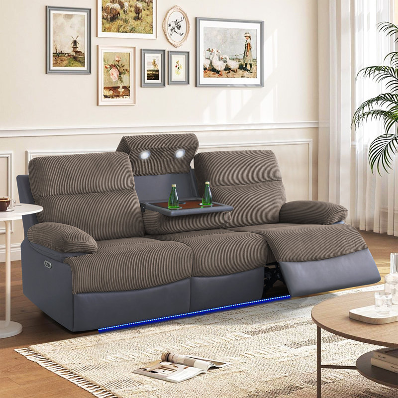 Canapé inclinable électrique 88 po avec chargeur sans fil et éclairage DEL - tissu respirant, table pliable, Brun; Noir, 3