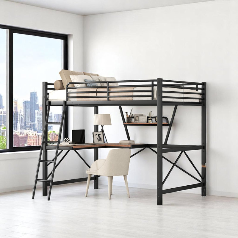 Kids Bed Metal Loft Bed With Built-In Desk, Full Size, Black
