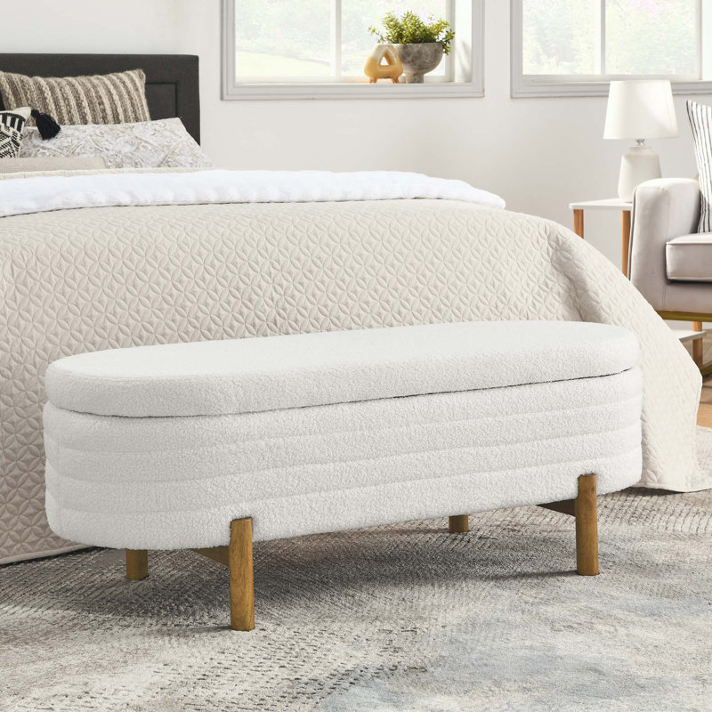Banc de rangement ovale, pieds en bois d'hévéa, Beige