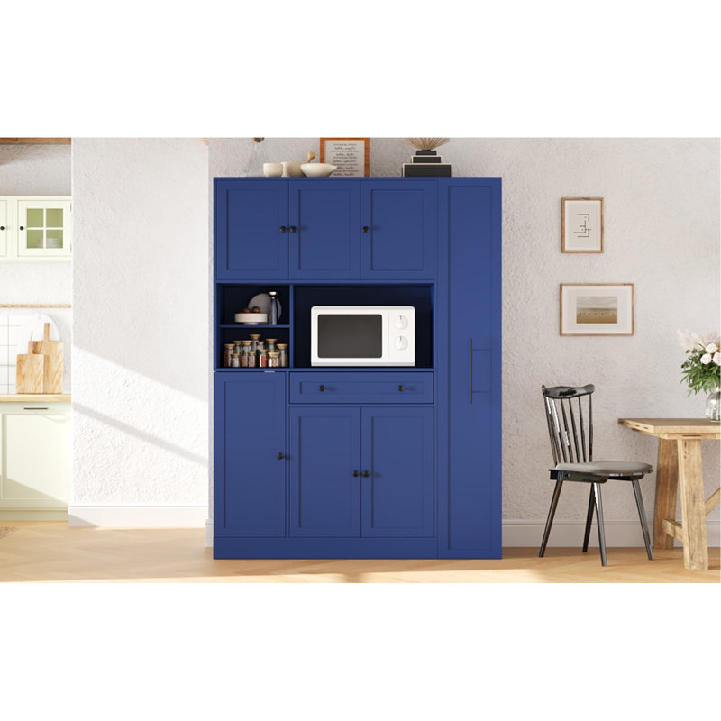 Buffet de cuisine traditionnel autoportant avec huche, grand garde-manger avec armoire latérale coulissante, tablettes de porte et tiroir, bleu