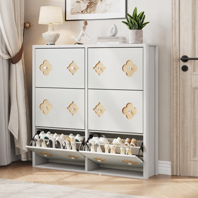 Armoire à chaussures avec tiroirs rabattables, armoire à chaussures étroite en bois à motif floral, armoire à chaussures mince autoportante avec tablettes réglables