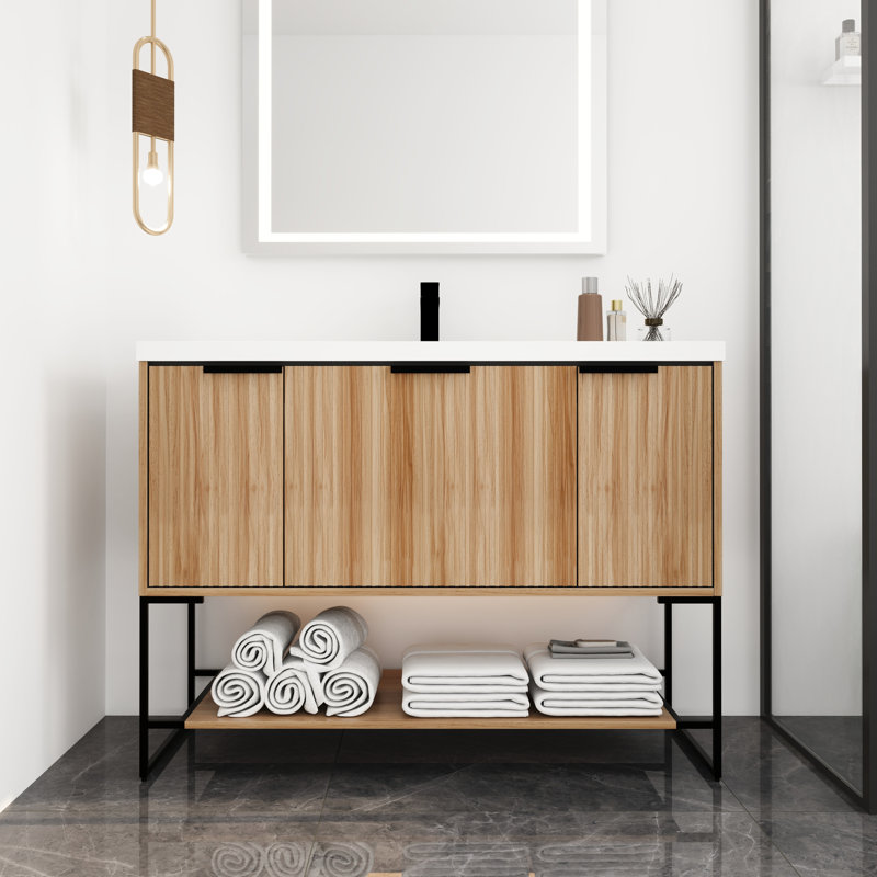 Commode de salle de bain autoportante 48 po avec lavabo en résine et tiroir - porte de finition