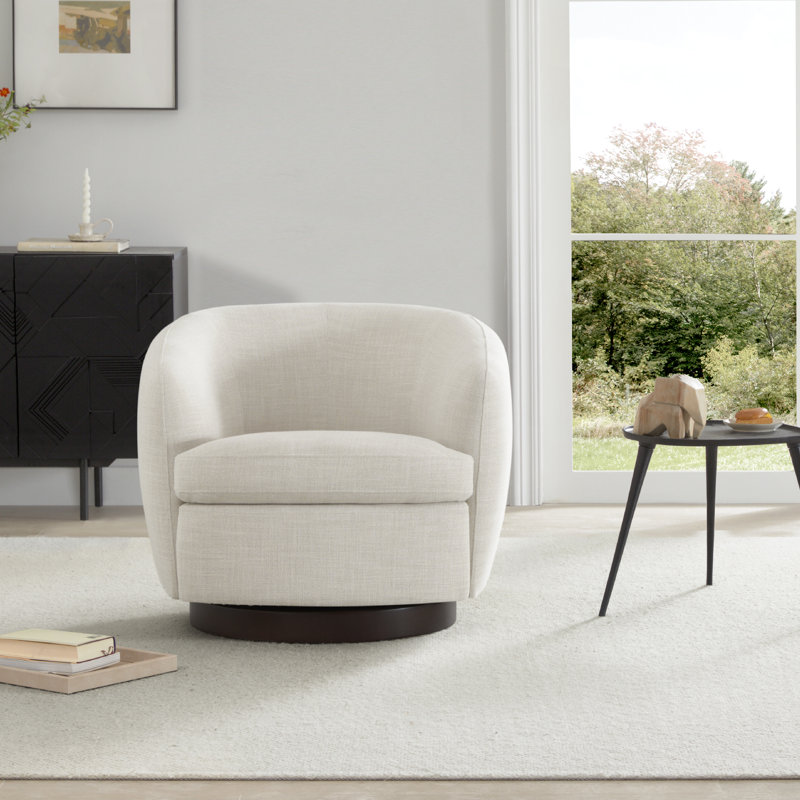 Marcy Upholstered Swivel Barrel Chair, Effie Linen Performance Linen