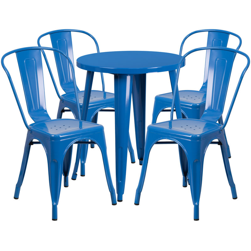Ensemble de table ronde intérieure / extérieure en métal 24 po avec 4 chaises de café, Bleu