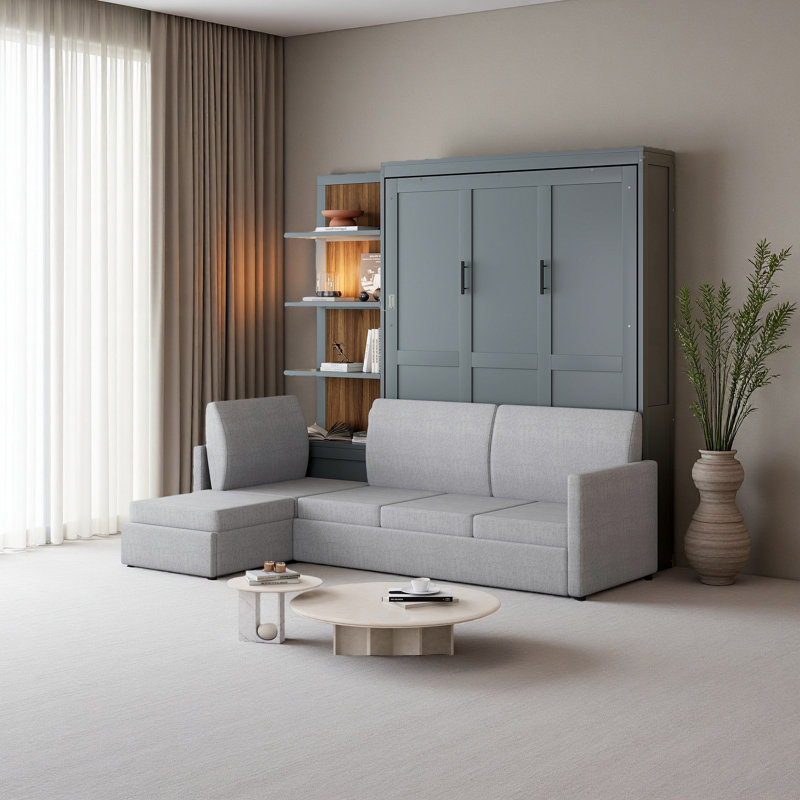 Grand lit escamotable mural avec canapé et tablettes, Gris