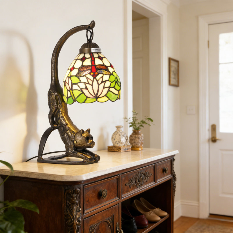 Lampe de table en vitrail de style libellule Tiffany 15,5 "avec base en forme de chat