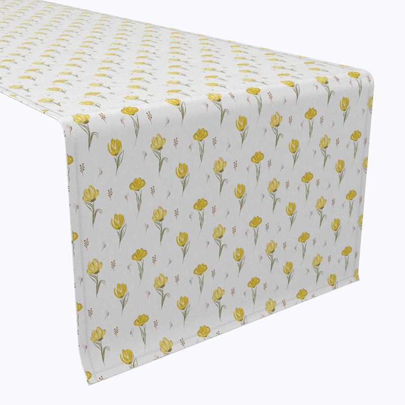Table Runner, 100% Cotton, 16X108", Hand Drawn Yellow Tulips, 72" L x 16" W