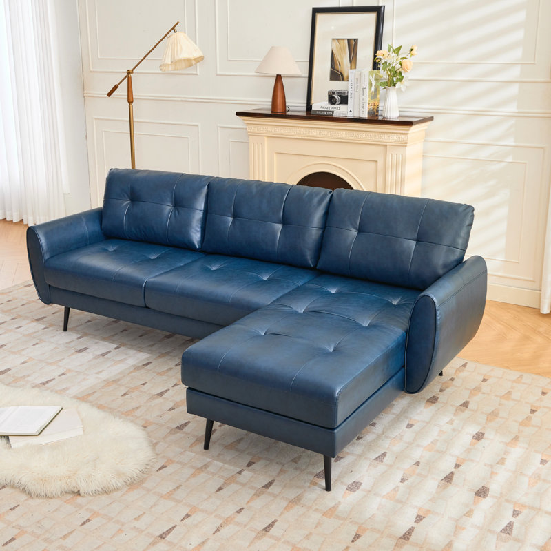 88” W Faux Leather L-Shape Sofa Chaise, Blue
