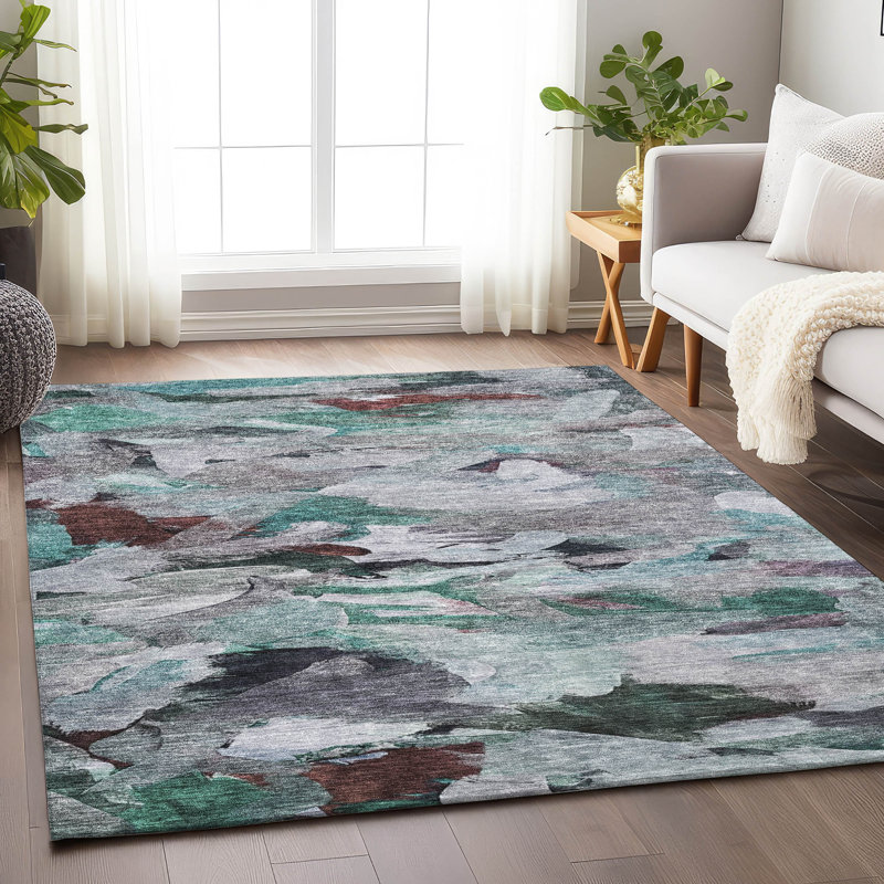 Teal 5' x 7' Washable Synthetic Rectangular Area Rug