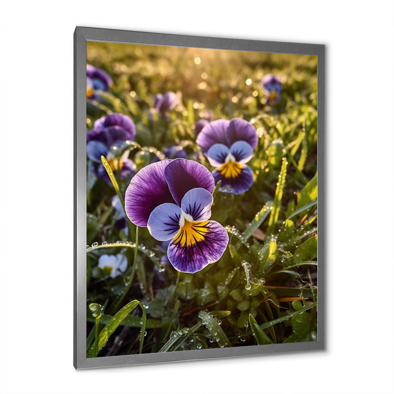 «Mauve, jaune, nature, pensées, V», sur toile, Cadre simple argenté, H 32 po x l 24 po x P 1 po