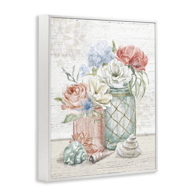 Relaxed Nautical Bouquets In Beach Jars Seashells Gray Farmhouse Rustic Oversized Framed Giclee Texturized Art By Mary Urban