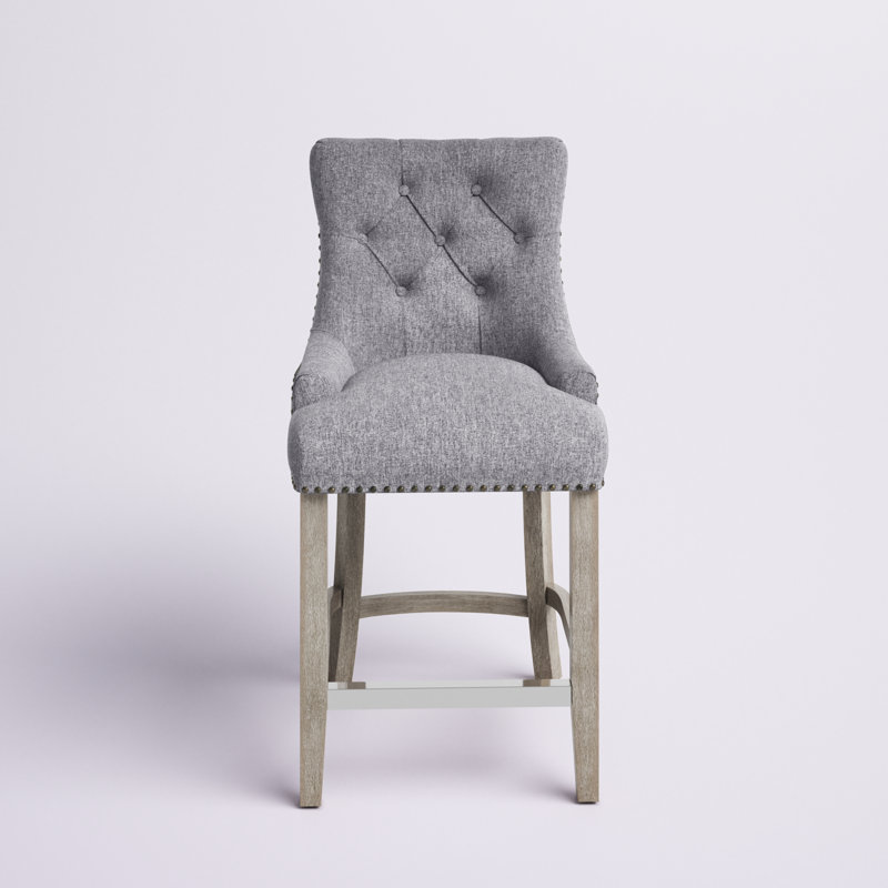 Linen Fabric Tufted Upholstered Counter Stool, Counter Stool (24” Seat Height), Gray Linen/Antique Gray Frame