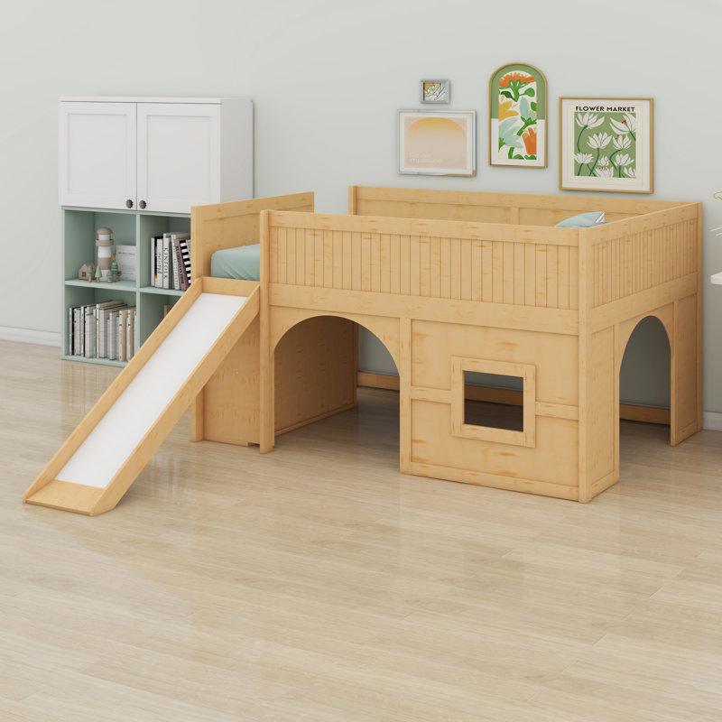 Lit mezzanine bas combiné avec glissade et tablettes, Naturel
