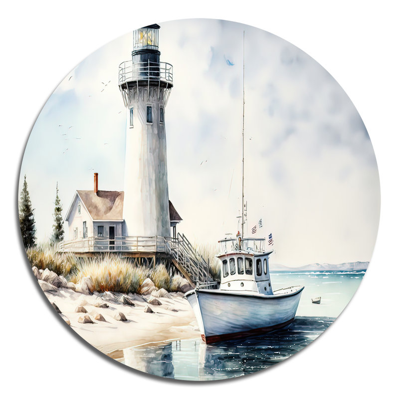 Bateau de pêche et phare I - plage, art en métal rond, H 36 po x l 36 po