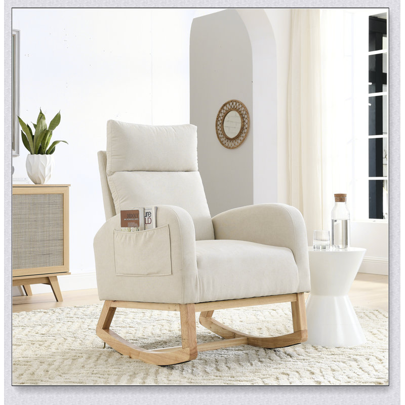 Fauteuil à bascule moderne avec accoudoirs de salon à dossier haut l 27,6 po et deux poches latérales, Beige