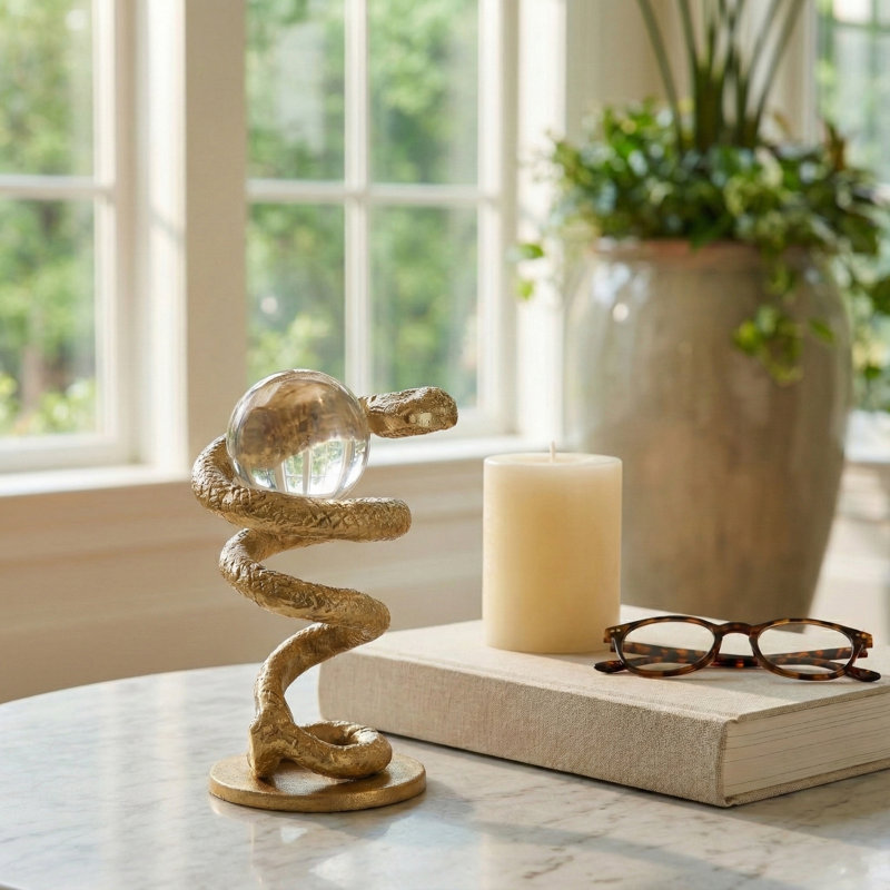 Sculpture moderne en forme de serpent pour la décoration intérieure - objet décoratif avec statue décorative orbe, décoration idéale pour le salon - 7 po, doré et métallique