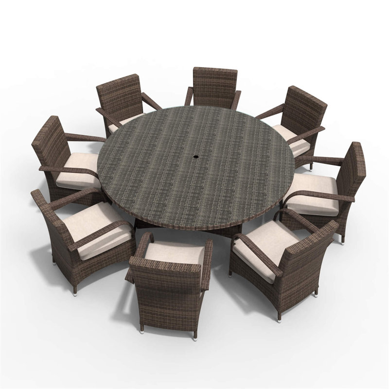 Hampton 9-Piece Outdoor Dining Set with Round Table in PE Wicker and Cushions, Beige/Brown