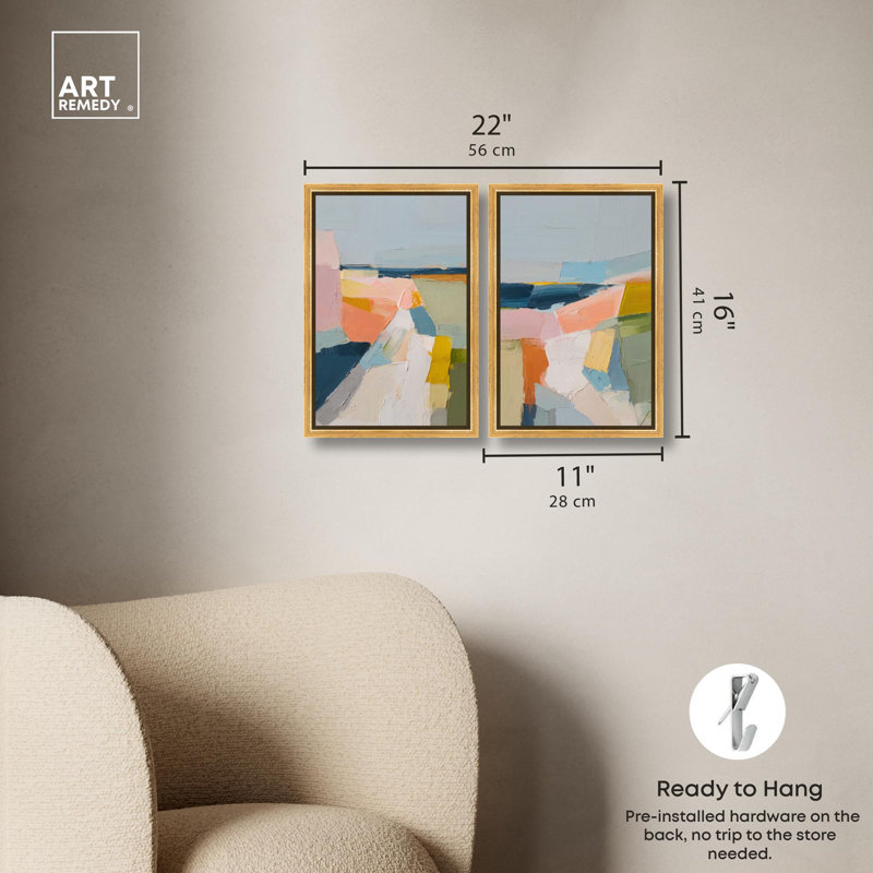 Pastel Fields Duo Canvas Print Modern Abstract Art Set by Art Remedy, Black Frame, 36 x 54, H 16 po x l 11 po, Gold Frame