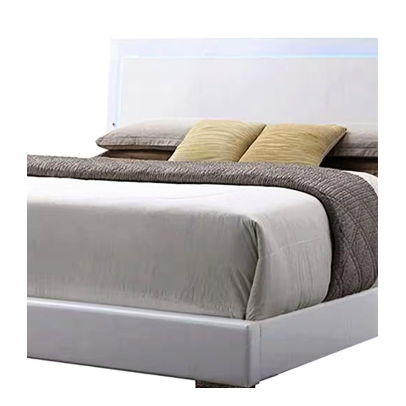 Lit pour grand lit à DEL, conception en cuir synthétique blanc, pieds droits, finition de tête de lit ultrabrillante, rails rembourrés et profil bas, 3 lattes pour plus de stabilité, charge de 660 lb, hauteur de lit de 49 po avec,