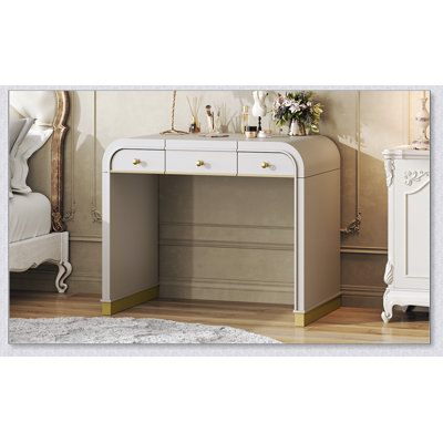 Classic Wood Vanity Desk with Flip Mirror, 3-in-1 Dressing Table with 2 Drawers and Storage for Bedroom