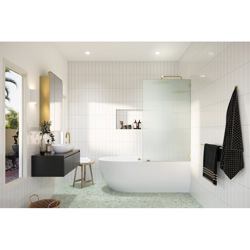 Gaia 30 in. x 58.25 in. Frameless Fluted Single Fixed Bath Panel, Polished Brass
