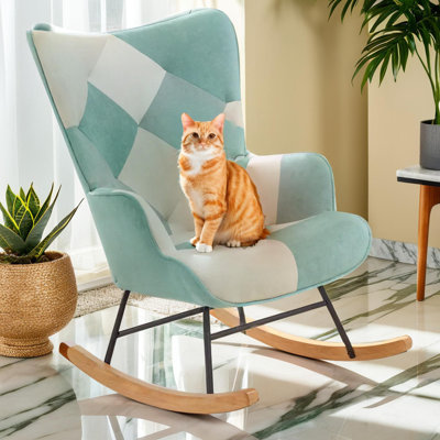 Chaise berçante en tissu, bois et lin