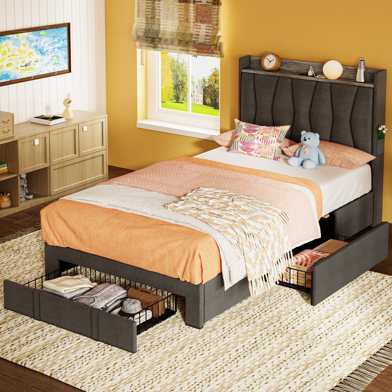 Deilyn Upholstered Bed with Charging Station and 3 Drawers, Gray, Twin XL