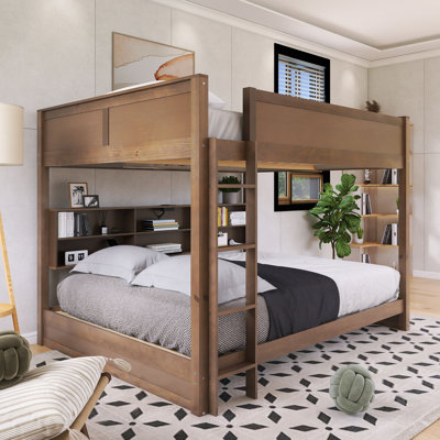 Wood Frame Queen Over Queen Size Bunk Bed With Storage Shelves And USB Ports