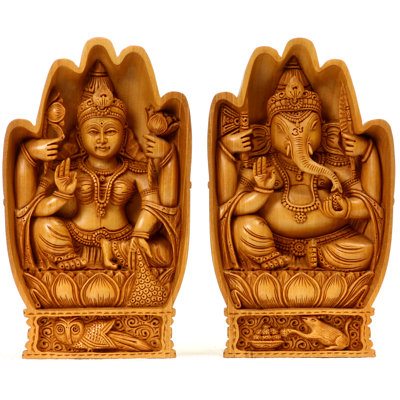 6" Hand-Carved Kadamba Wood Lakshmi Ganesha Statue | "Gods in Hands" Sculpture for Home Altar & Spiritual Decor