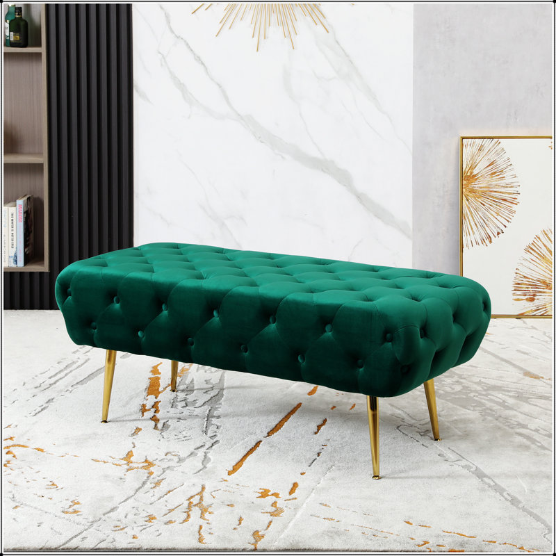 Sira Velvet Button Tufted Bench with Gold Metal Legs, Green