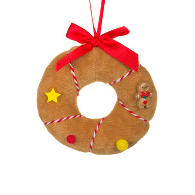 Ornement en forme de couronne de pain d'épice suspendue en tissu brun avec ficelle bonbon, paquet de 10