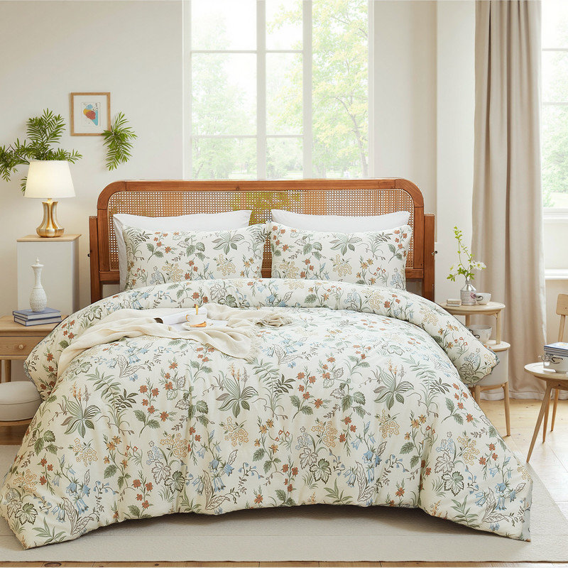 Ensemble d'édredon 100% coton pour grand lit 3 pièces Ensemble d'édredon botanique avec literie à motif floral avec fleurs vertes et orange, ensemble d'édredon léger et respirant pour chambre douillette