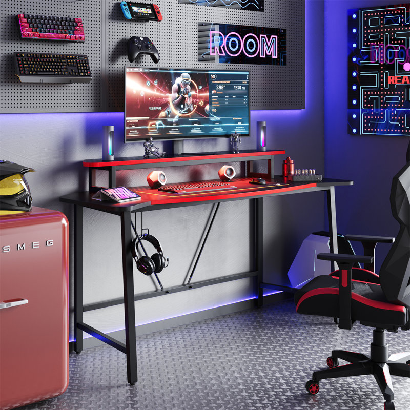 Bureau de jeu à DEL 63 W avec support pour écran et porte-gobelet Haigh, Noir / rouge