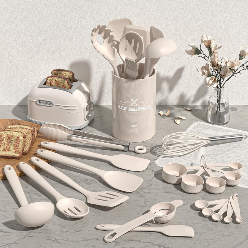 Ensemble 22 pièces d'ustensiles de cuisine en silicone, kaki