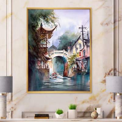 Un paysage urbain chinois avec un bateau sur la rivière - reproduction sur toile