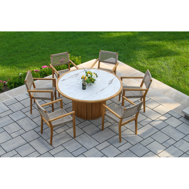 Cava 7 pièces Table de salle à manger ronde en teck et pierre avec fauteuils en corde nautique, Blanc/naturel, Ivoire ivoire