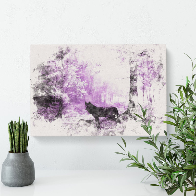 Black Wolf in a Purple Forest - Wrapped Canvas Graphic Art Print, 60cm H x 91cm W x 3cm D
