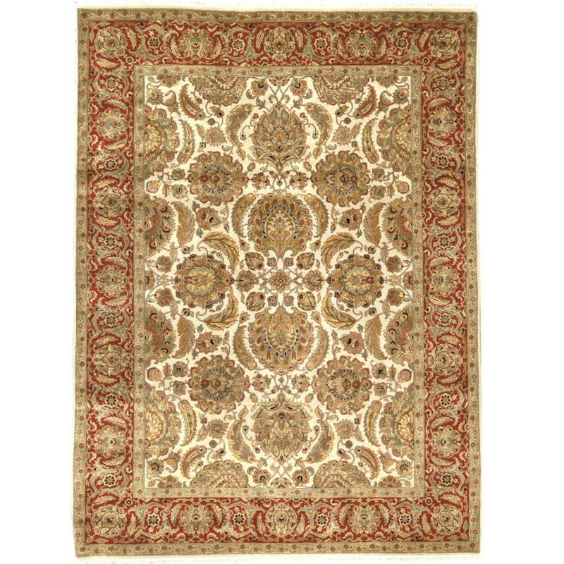 Tapis ivoire et rouge noué à la main de haute qualité