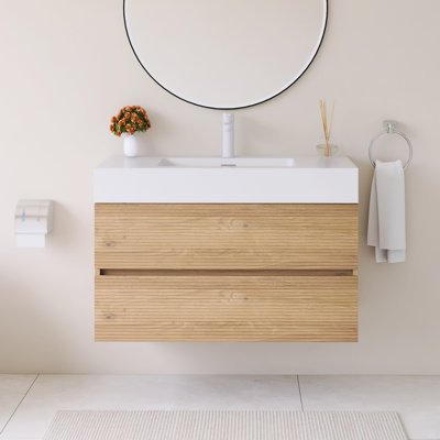 30" Wall-Mounted  Bathroom Vanity With White Solid Surface Basin