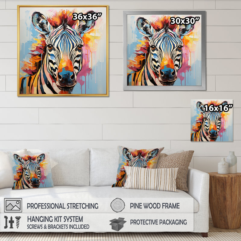 Zèbre coloré et rayures expressionnistes I - art mural zèbre, H 30 po x l 30 po x P 1 po